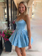 Gorgeous Blue Beaded Strapless A-line Short Mini Dress Homecoming Dress